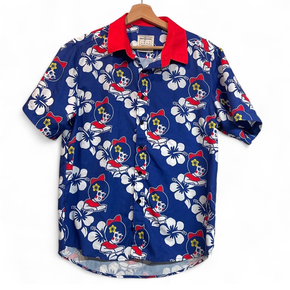 Route One Apparel Utz Chips Girl All Over Print Blue Hawaiian Print Shirt Medium